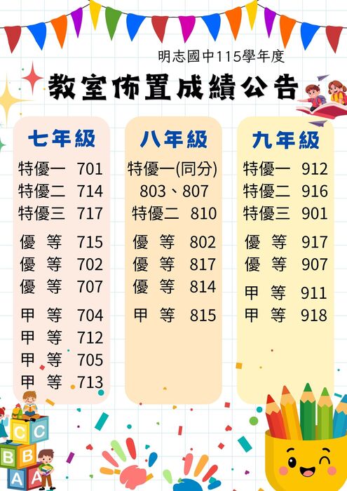 115學年度教室佈置成績公告